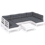 vidaXL Set mobilier grădină cu perne, 7 piese, alb, lemn masiv de pin