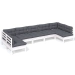 vidaXL Set mobilier grădină cu perne, 7 piese, alb, lemn masiv de pin