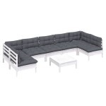 vidaXL Set mobilier de grădină cu perne, 8 piese, alb, lemn masiv pin