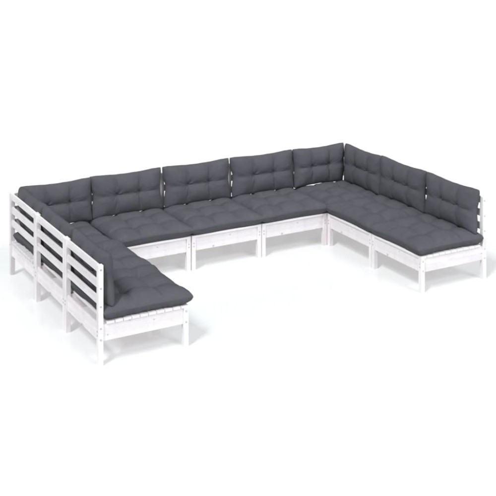vidaXL Set mobilier grădină cu perne, 9 piese, alb, lemn masiv pin