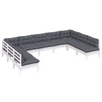 vidaXL Set mobilier grădină cu perne, 9 piese, alb, lemn masiv pin