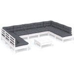 vidaXL Set mobilier grădină cu perne, 10 piese, alb, lemn masiv pin
