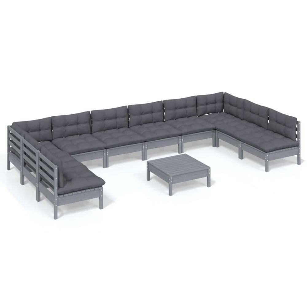 vidaXL Set mobilier grădină cu perne, 11 piese, gri, lemn masiv pin