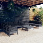 vidaXL Set mobilier grădină cu perne, 11 piese, gri, lemn masiv pin vidaXL Set mobilier grădină cu perne, 11 piese, gri, lemn masiv pin