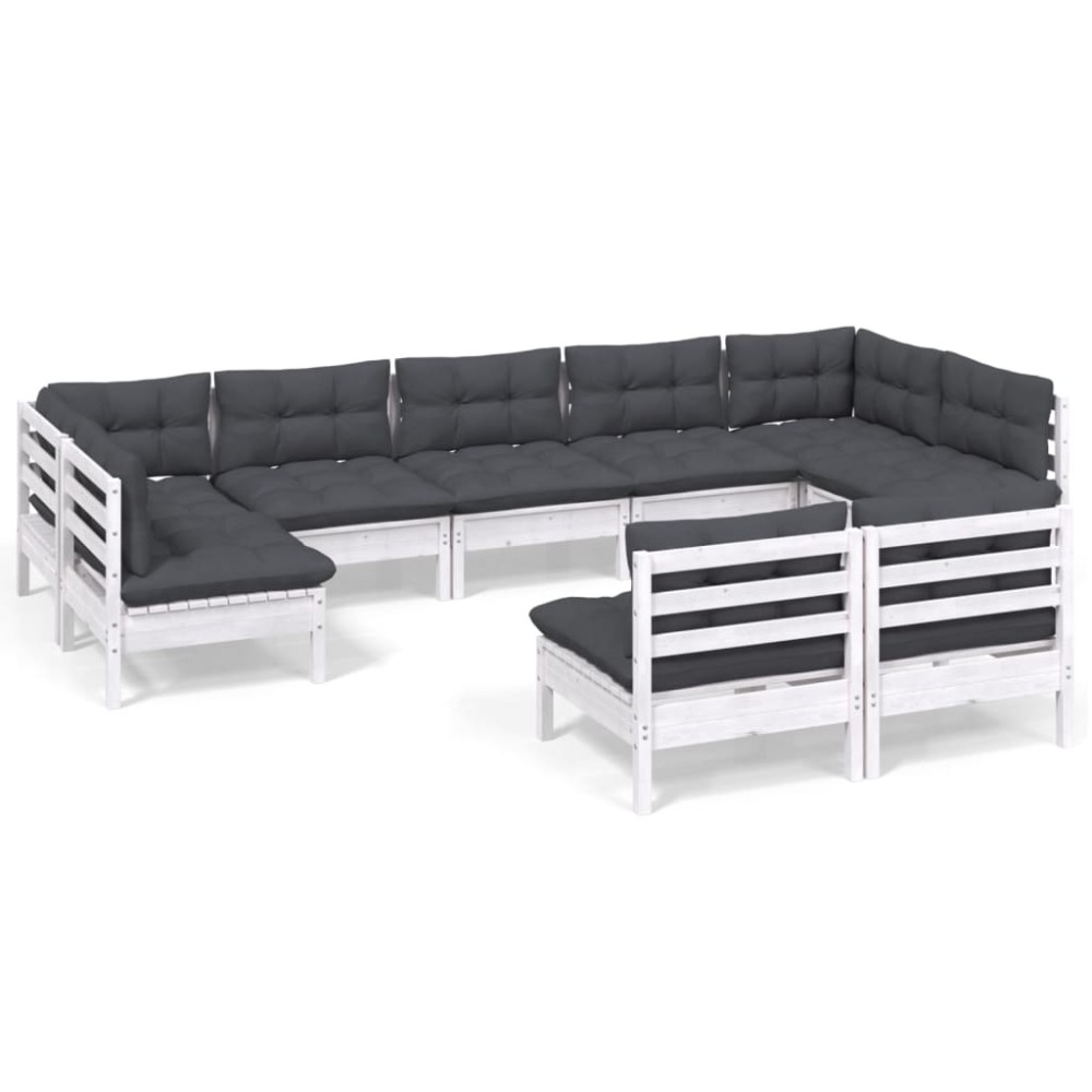 vidaXL Set mobilier grădină cu perne, 9 piese, alb, lemn masiv pin