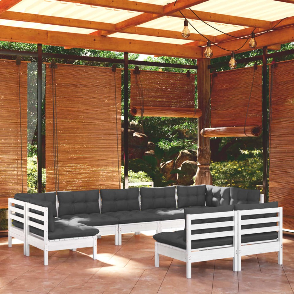 vidaXL Set mobilier grădină cu perne, 9 piese, alb, lemn masiv pin