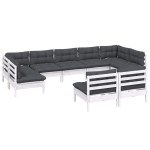 vidaXL Set mobilier grădină cu perne, 9 piese, alb, lemn masiv pin