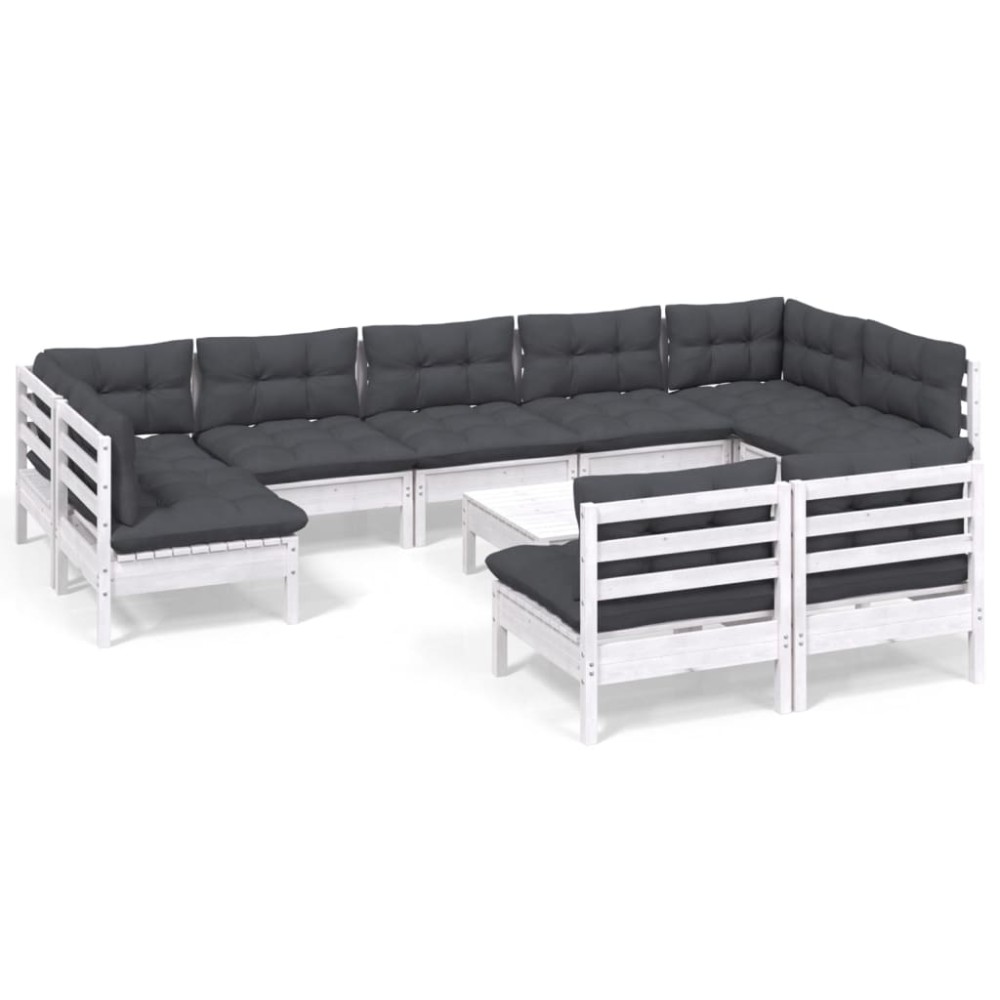 vidaXL Set mobilier grădină cu perne, 10 piese, alb, lemn masiv pin