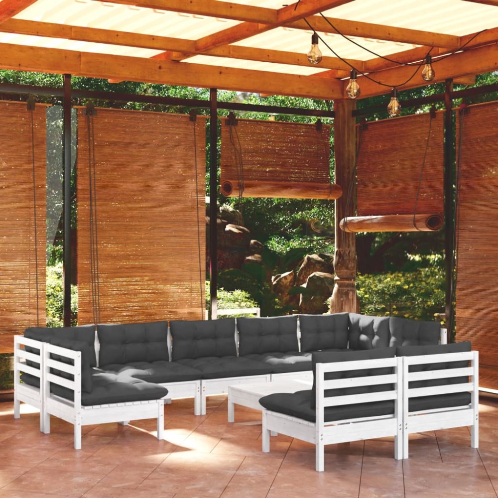 vidaXL Set mobilier grădină cu perne, 10 piese, alb, lemn masiv pin