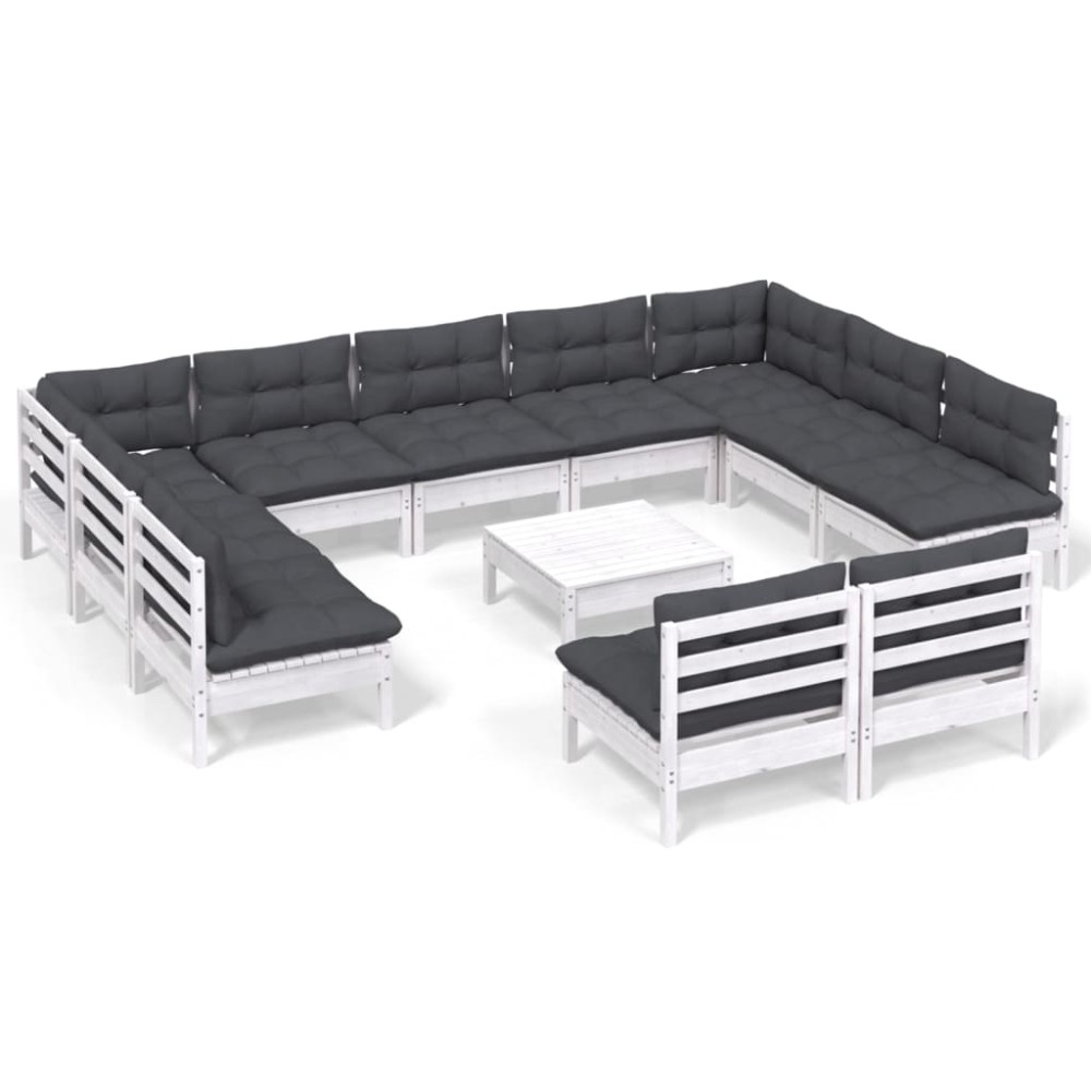 vidaXL Set mobilier grădină cu perne, 12 piese, alb, lemn masiv pin