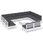 vidaXL Set mobilier grădină cu perne, 12 piese, alb, lemn masiv pin