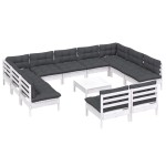 vidaXL Set mobilier grădină cu perne, 12 piese, alb, lemn masiv pin