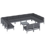 vidaXL Set mobilier grădină cu perne, 13 piese, gri, lemn masiv pin