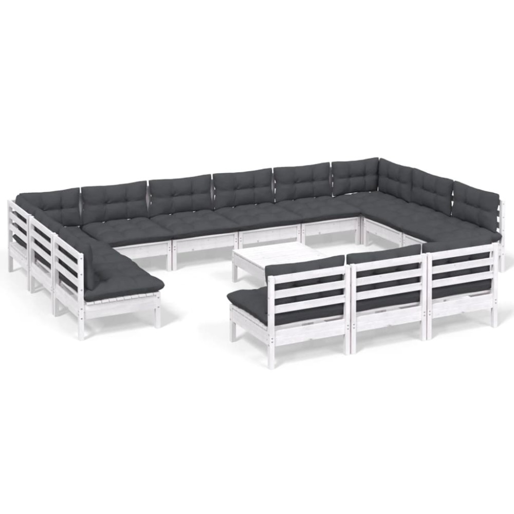 vidaXL Set mobilier grădină cu perne, 14 piese, alb, lemn masiv pin