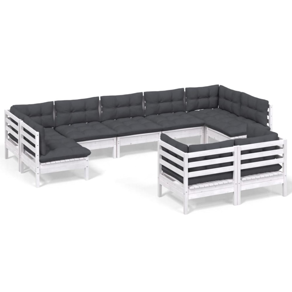 vidaXL Set mobilier de grădină cu perne, 9 piese, alb, lemn masiv pin