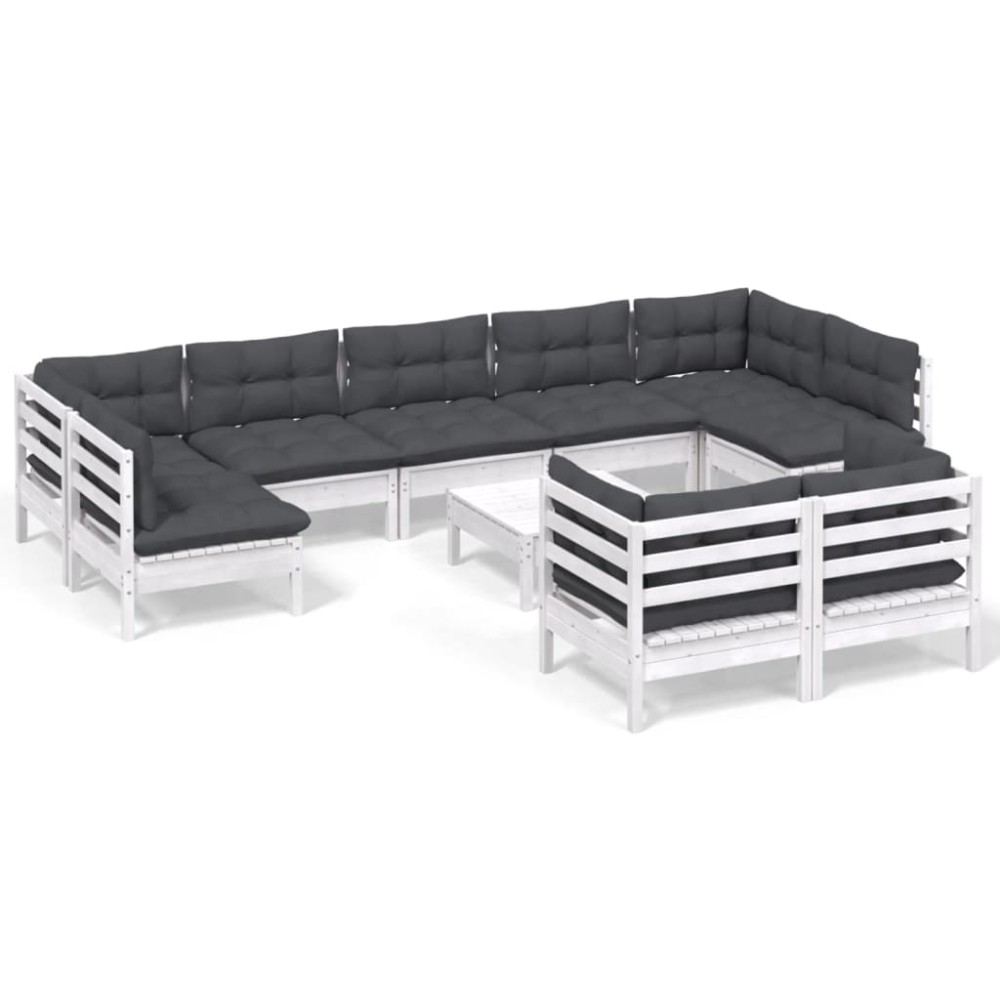 vidaXL Set mobilier grădină cu perne, 10 piese, alb, lemn masiv pin