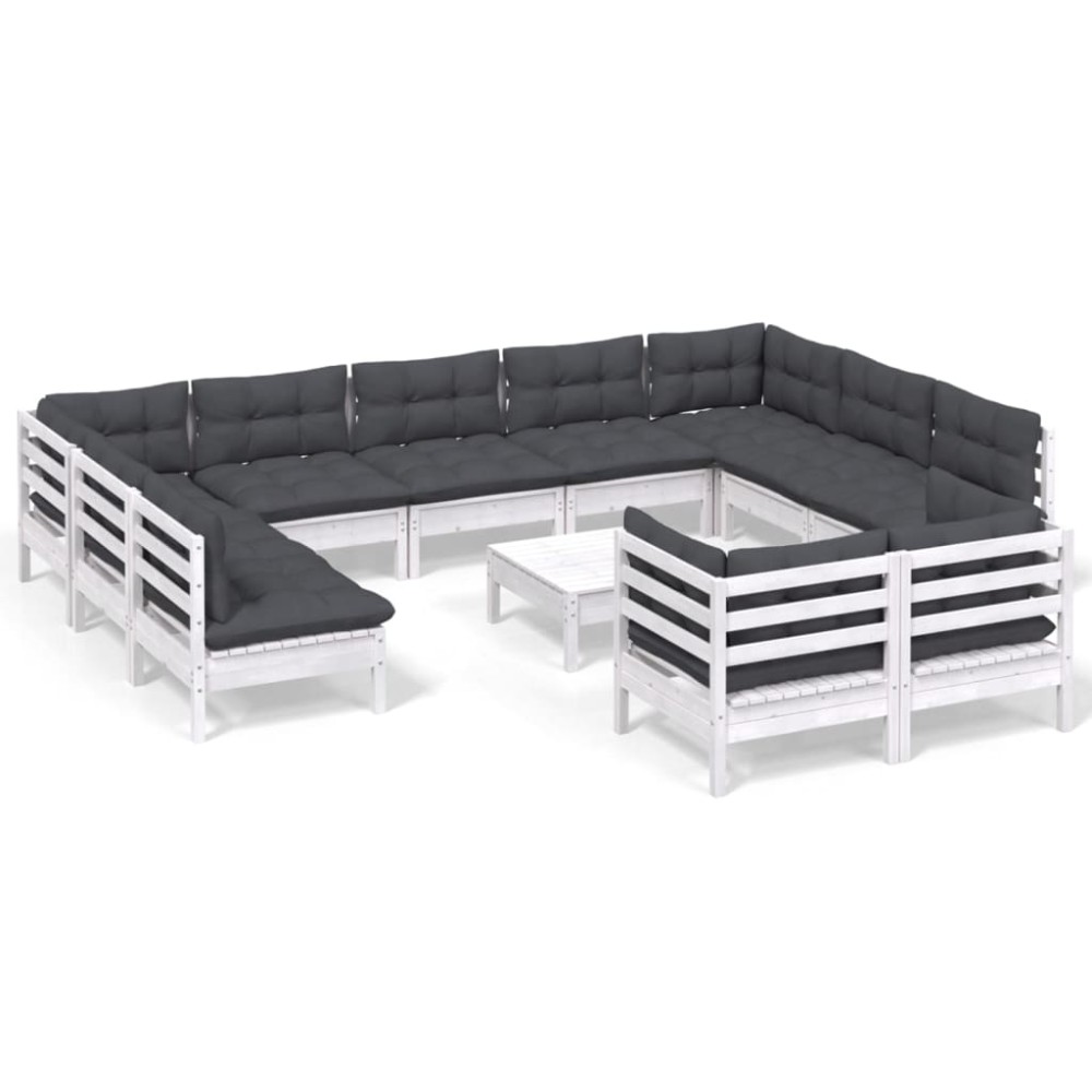 vidaXL Set mobilier grădină cu perne, 12 piese, alb, lemn masiv pin