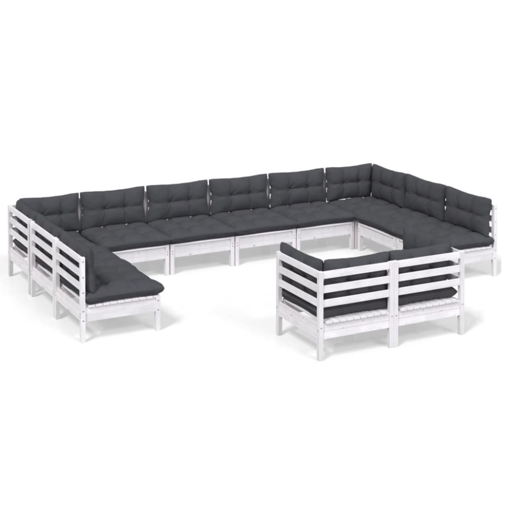 vidaXL Set mobilier grădină cu perne, 12 piese, alb, lemn masiv pin