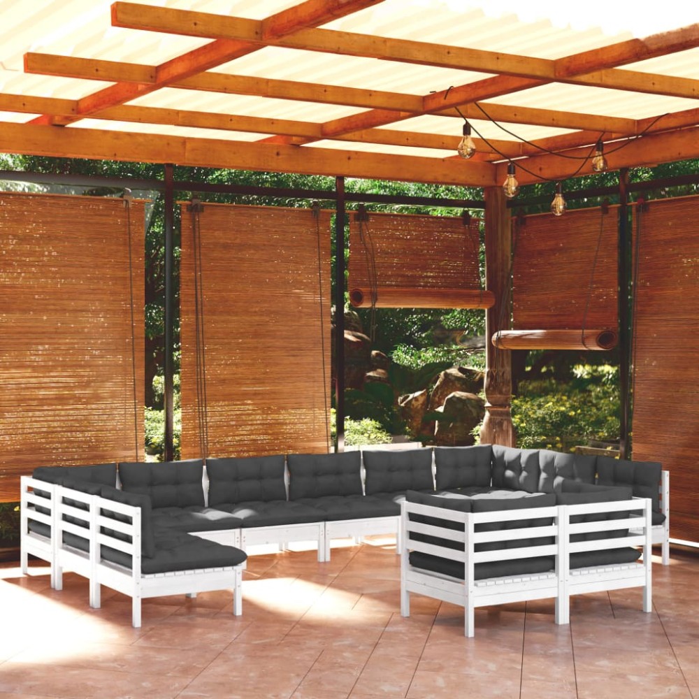 vidaXL Set mobilier grădină cu perne, 12 piese, alb, lemn masiv pin