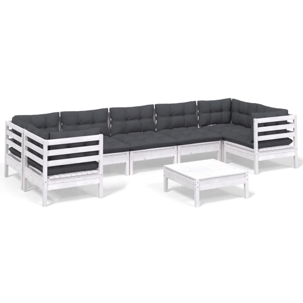 vidaXL Set mobilier de grădină cu perne, 8 piese, alb, lemn masiv pin