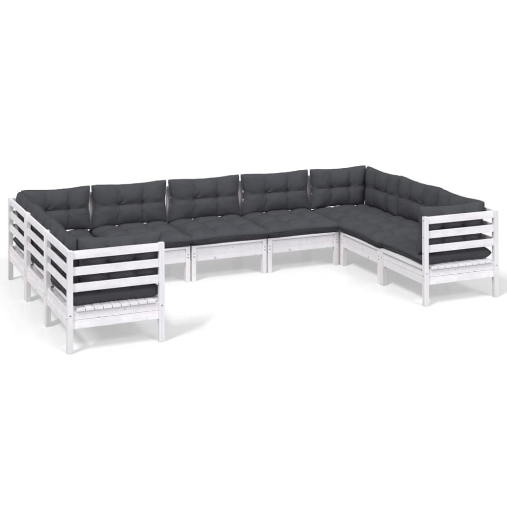 vidaXL Set mobilier de grădină cu perne, 9 piese, alb, lemn masiv pin