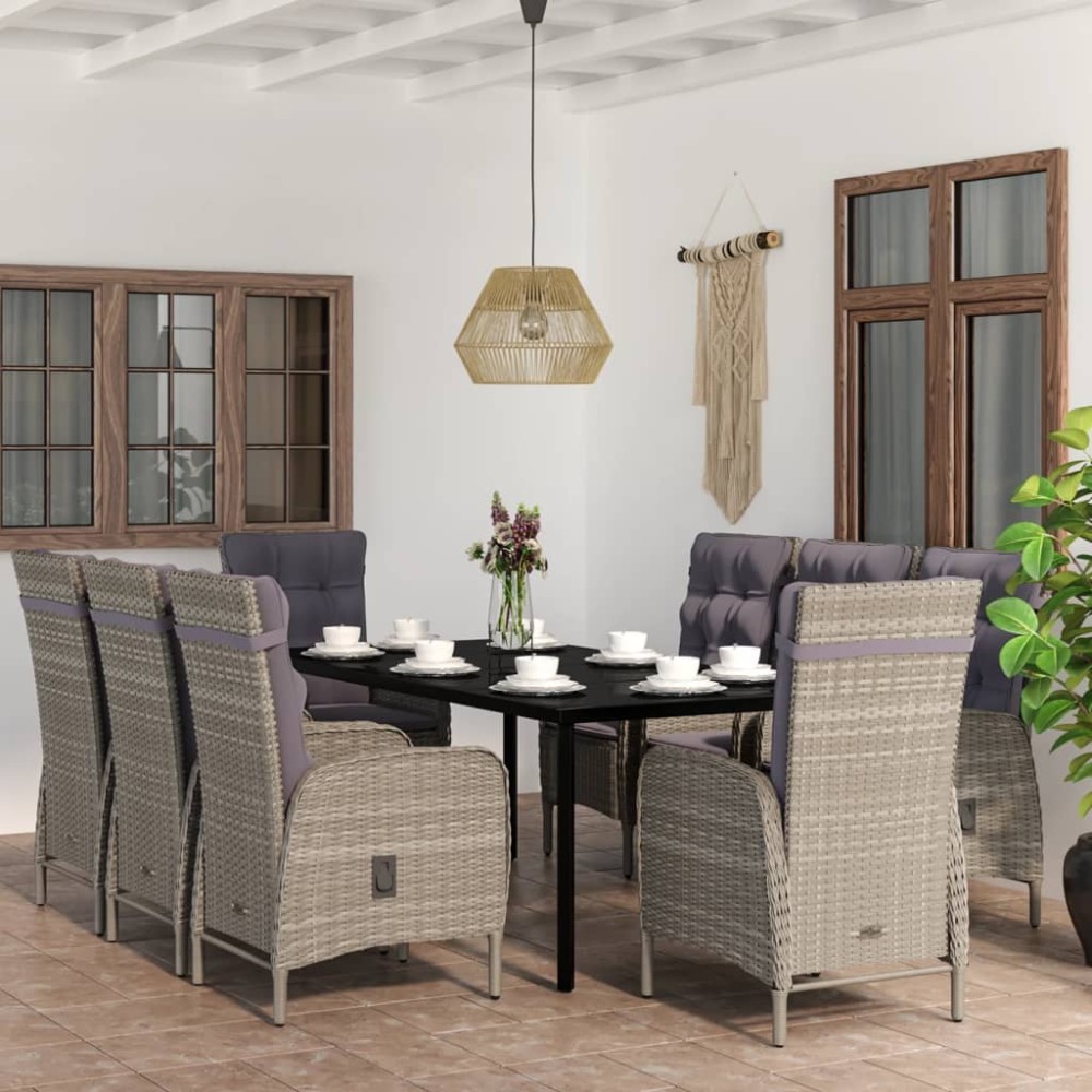 vidaXL Set mobilier de grădină cu perne, 9 piese, gri și negru