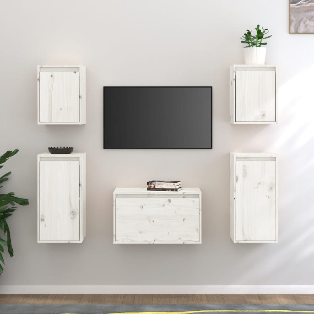 vidaXL Comode TV, alb, 5 buc., lemn masiv de pin