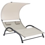 vidaXL Șezlong de plajă dublu cu baldachin, crem, textilenă vidaXL Șezlong de plajă dublu cu baldachin, crem, textilenă