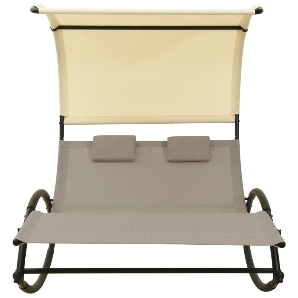 vidaXL Șezlong de plajă dublu cu baldachin, gri taupe&crem, textilenă