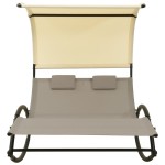 vidaXL Șezlong de plajă dublu cu baldachin, gri taupe&crem, textilenă vidaXL Șezlong de plajă dublu cu baldachin, gri taupe&crem, textilenă