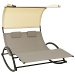 vidaXL Șezlong de plajă dublu cu baldachin, gri taupe&crem, textilenă vidaXL Șezlong de plajă dublu cu baldachin, gri taupe&crem, textilenă