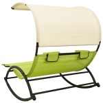vidaXL Șezlong de plajă dublu cu baldachin, verde și crem, textilenă vidaXL Șezlong de plajă dublu cu baldachin, verde și crem, textilenă