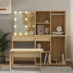 vidaXL Set de măsuță de toaletă cu LED, stejar sonoma, lemn prelucrat vidaXL Set de măsuță de toaletă cu LED, stejar sonoma, lemn prelucrat