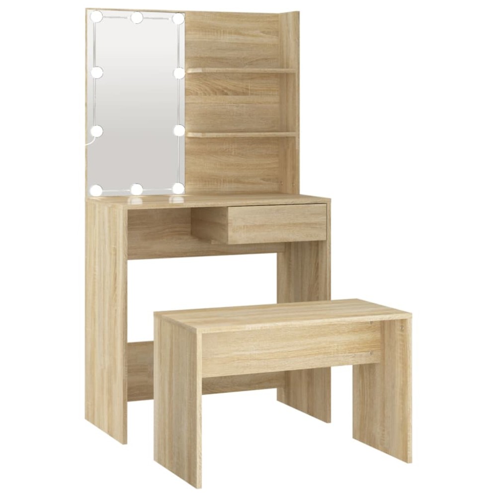 vidaXL Set de măsuță de toaletă cu LED, stejar sonoma, lemn prelucrat