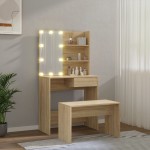 vidaXL Set de măsuță de toaletă cu LED, stejar sonoma, lemn prelucrat