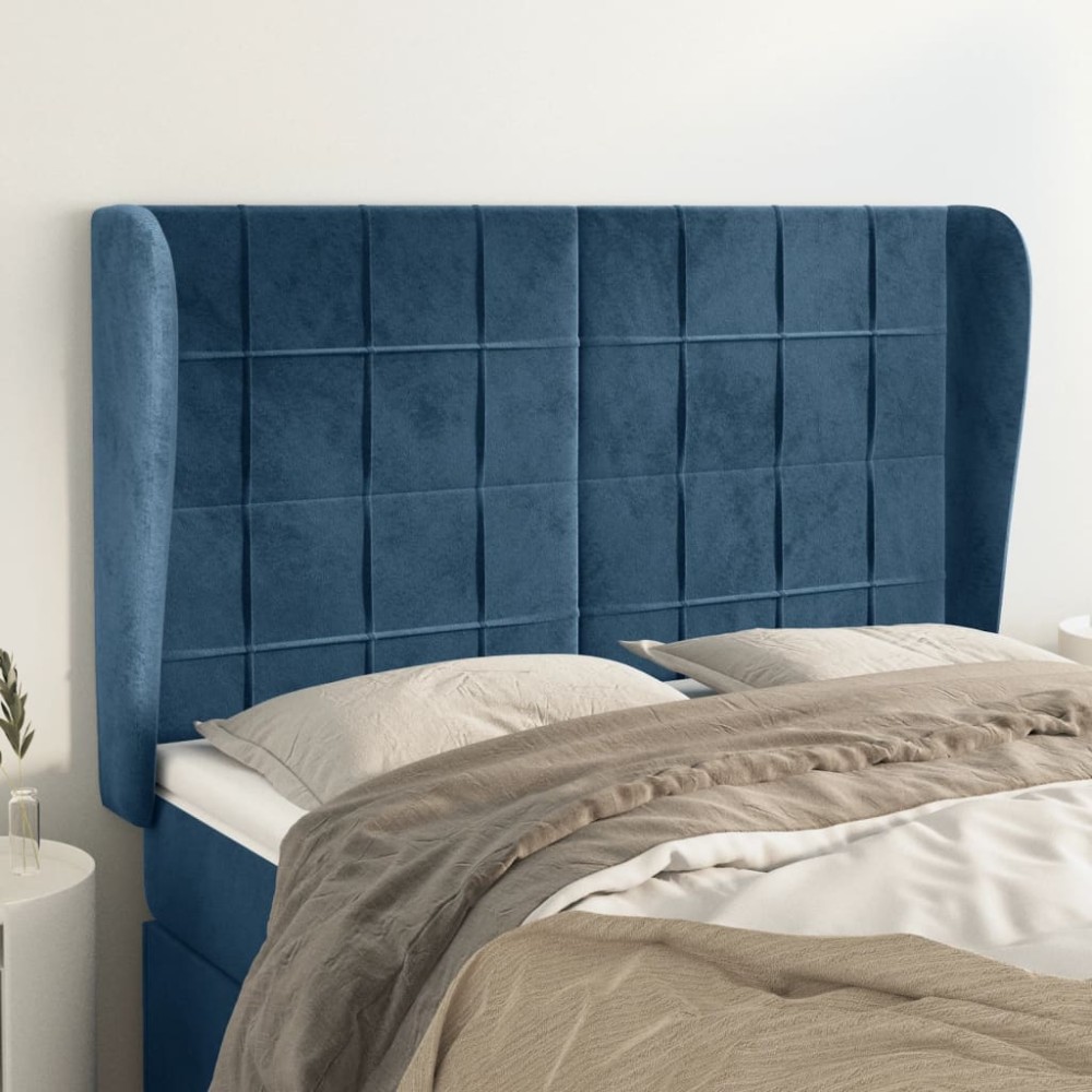 vidaXL Tăblie pat cu urechi albastru închis 147x23x118/128 cm catifea