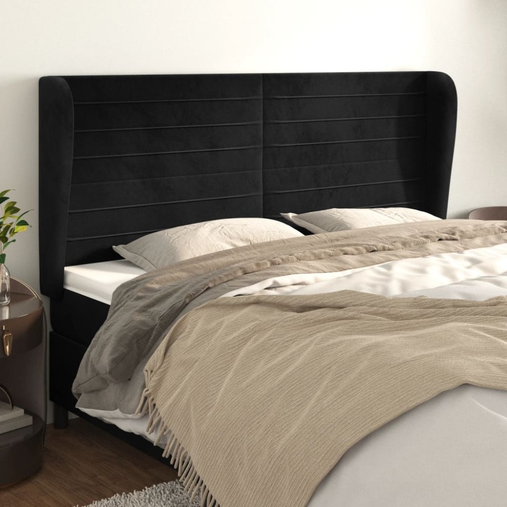 vidaXL Tăblie de pat cu aripioare, negru, 163x23x118/128 cm, catifea