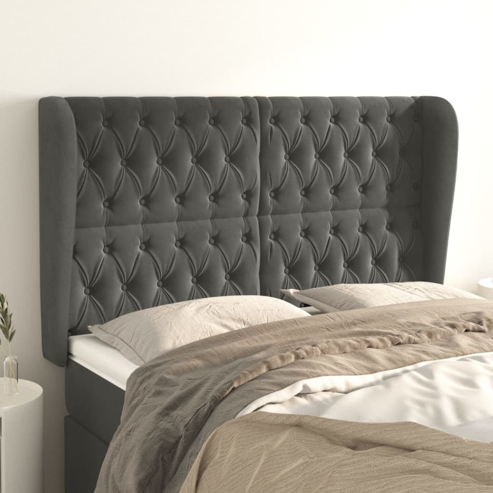 vidaXL Tăblie de pat cu aripioare gri închis 147x23x118/128 cm catifea