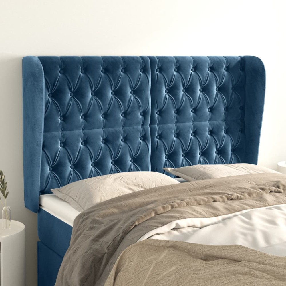 vidaXL Tăblie pat cu urechi albastru închis 163x23x118/128 cm catifea