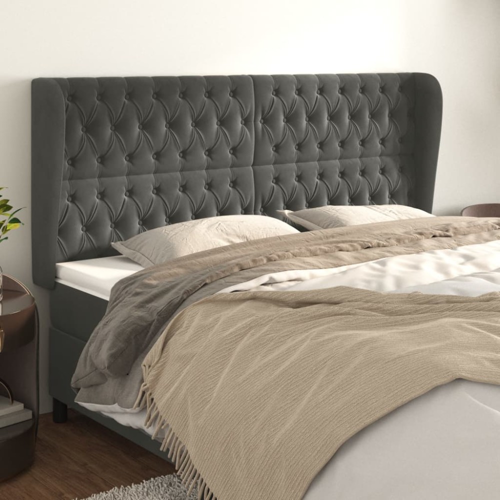 vidaXL Tăblie de pat cu aripioare gri închis 183x23x118/128 cm catifea