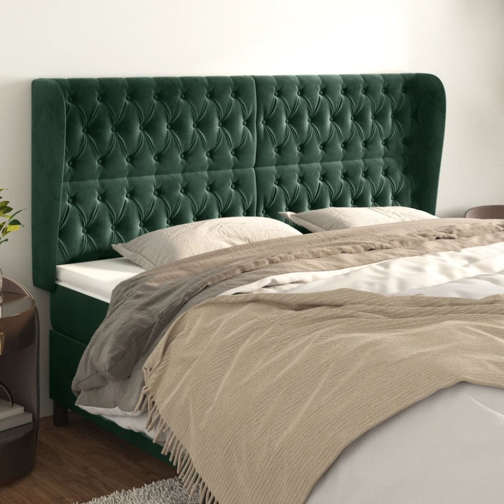 vidaXL Tăblie pat cu aripioare verde închis 203x23x118/128cm catifea