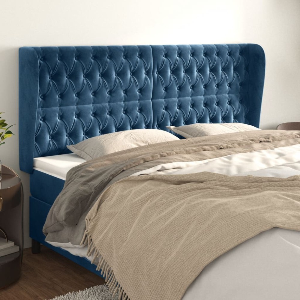 vidaXL Tăblie pat cu urechi albastru închis 203x23x118/128 cm catifea