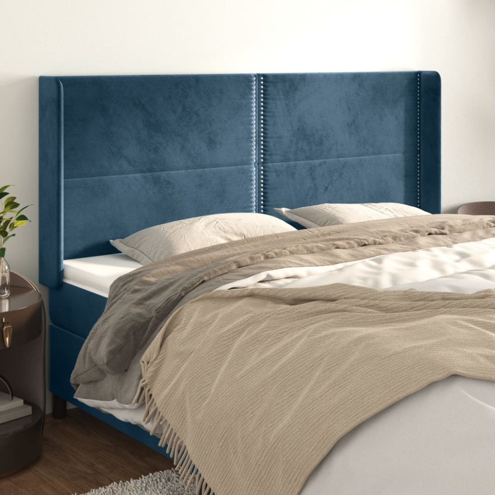 vidaXL Tăblie pat cu urechi albastru închis 183x16x118/128 cm catifea