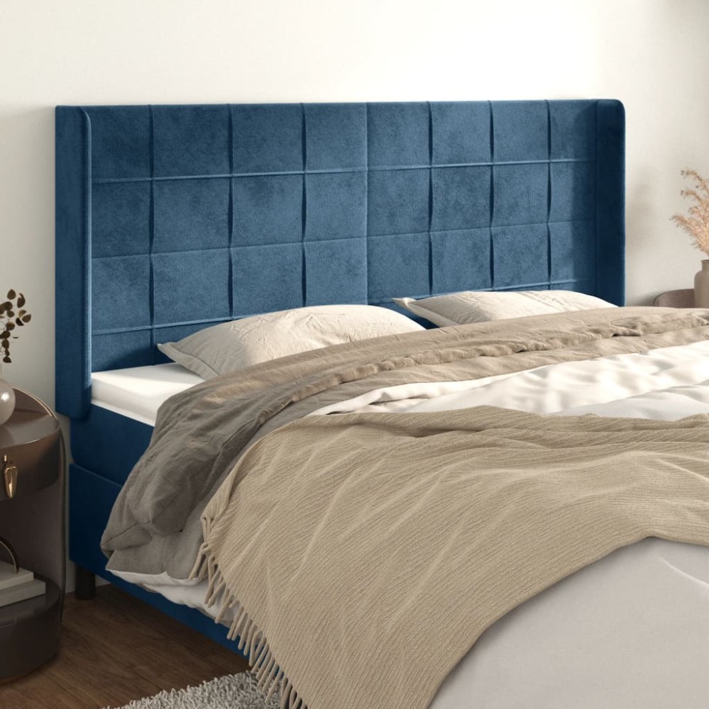 vidaXL Tăblie pat cu urechi albastru închis 163x16x118/128 cm catifea