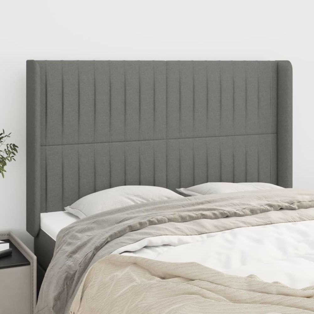 vidaXL Tăblie de pat cu aripioare gri închis 147x16x118/128 cm textil