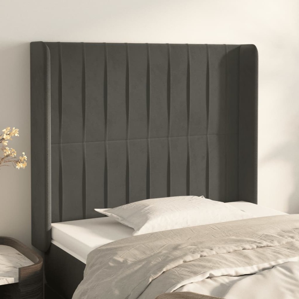 vidaXL Tăblie de pat cu aripioare gri închis 103x16x118/128 cm catifea