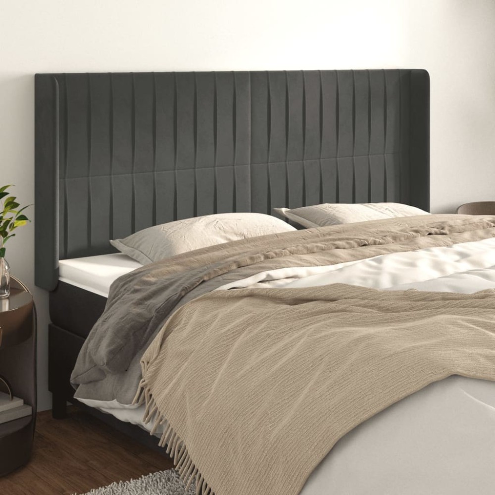 vidaXL Tăblie de pat cu aripioare gri închis 163x16x118/128 cm catifea