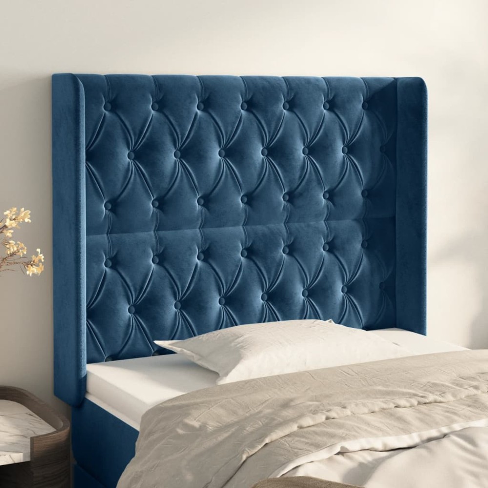 vidaXL Tăblie pat cu urechi albastru închis 103x16x118/128 cm catifea