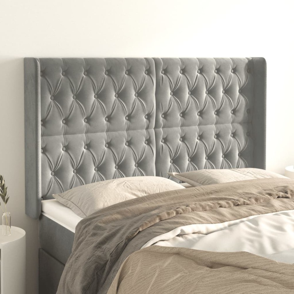 vidaXL Tăblie de pat cu aripioare gri deschis 147x16x118/128cm catifea