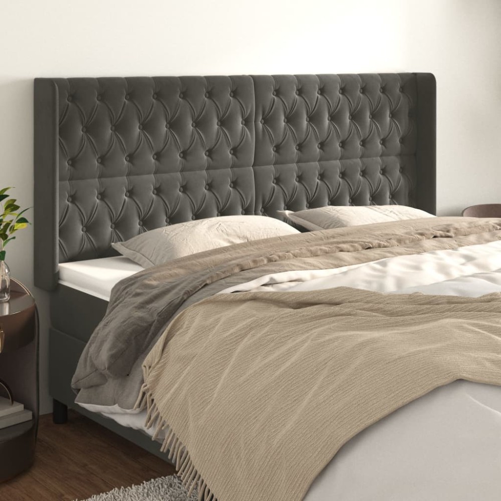 vidaXL Tăblie de pat cu aripioare gri închis 183x16x118/128 cm catifea